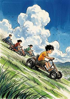 Children racing go-karts down a grassy hill