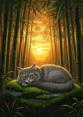 Cat in Bamboo Forest During Rain
