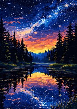 Starry Night Forest Lake Reflection
