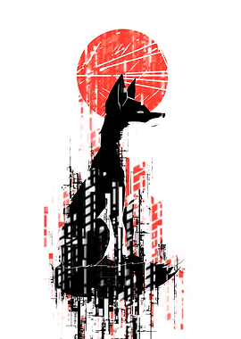 Black Fox Silhouette with Red Sun