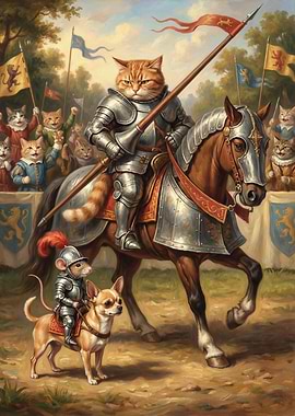 Cat Knight on Horse with Mouse Squire
