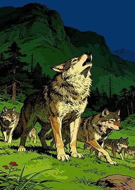Wolves howling in a mountain forest