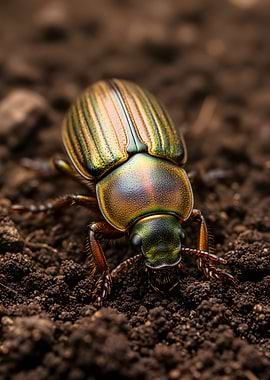 Close-up of a Metallic Beetle on Soil