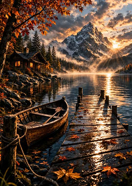 Autumn Cabin by a Misty Lake