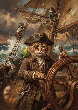 Pirate Cat Captain on a Ship