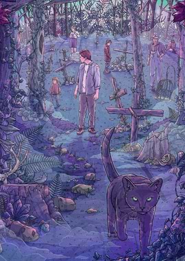 Mysterious Cemetery with Cat and Figures