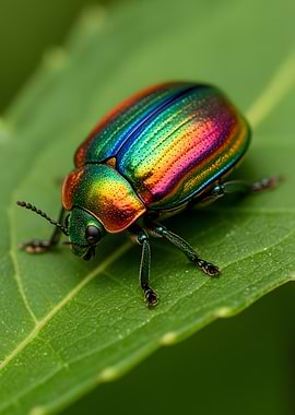 Iridescent Beetle on Green Leaf