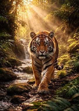 Tiger walking in a sunlit forest stream