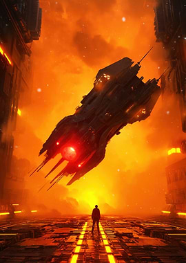 Sci-fi Spaceship over Futuristic City