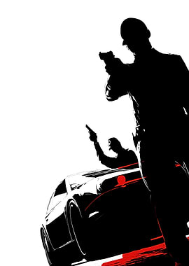 Silhouettes of gunmen by a car