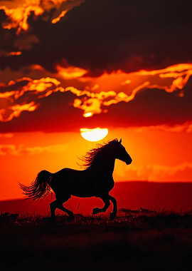 Silhouette Horse Running At Sunset