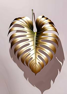 Golden Monstera Leaf with Shadow