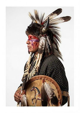 Native American Man with Headdress and Drum