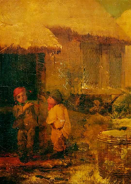 Children by a Thatched Cottage, briton riviere art