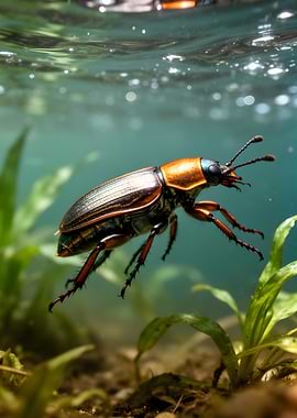 Underwater Beetle Among Plants