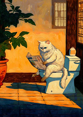 Cat Reading Newspaper on Toilet