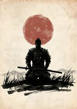 Samurai kneeling under the sun