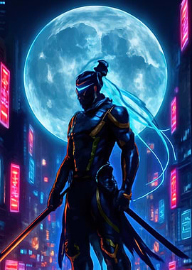 Cyberpunk Ninja Under a Full Moon