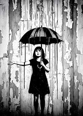 Urban Stencil Art: Girl with Dripping Ink Umbrella – Noir Street Art Poster