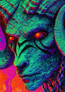 Neon Horned Demon Gritty Portrait