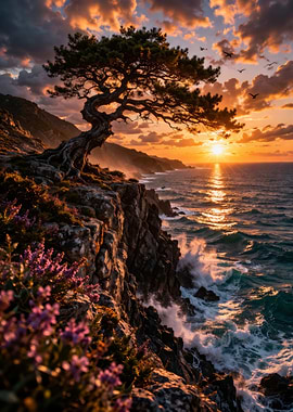 Dramatic Coastal Sunset with Gnarled Tree