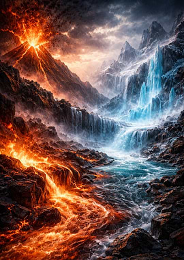 Volcano and Waterfall Landscape