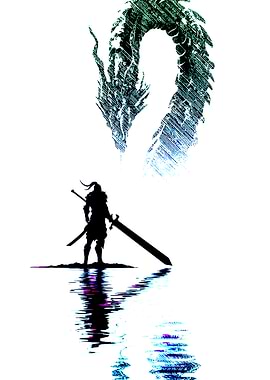 Warrior facing a dragon silhouette