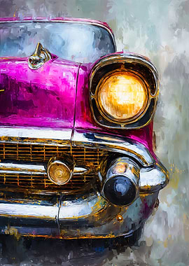 Vintage Pink Car Oil Painting