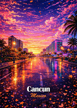 Cancun Mexico Sunset Street Scene