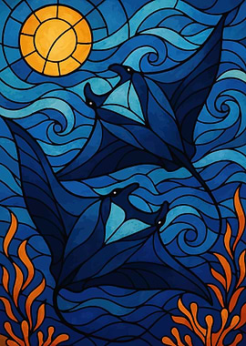 Manta Rays Swimming Under a Sun
