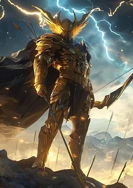 Golden Warrior with Bow and Lightning
