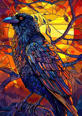 Stained Glass Raven at Sunset