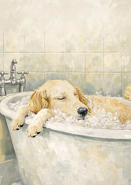 Golden Retriever Dog Sleeping in Bathtub