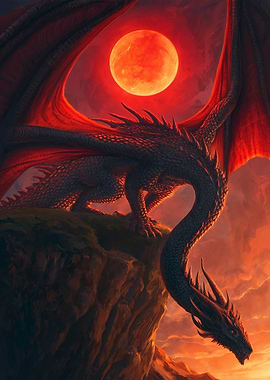 Dragon on Cliff Under Red Moon