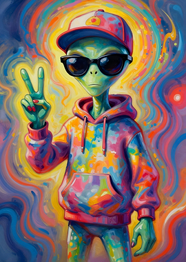 Cool Green Alien in Colorful Hoodie