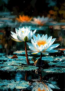 Two White Water Lilies in Pond
