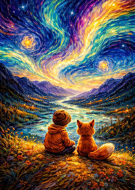 Child and Fox Admire Starry Sky