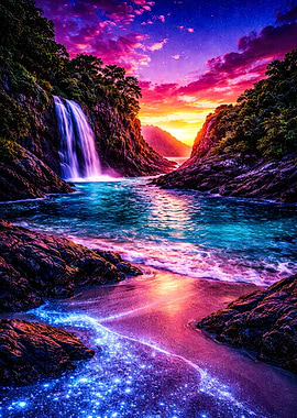 Bioluminescent Beach Waterfall at Sunset
