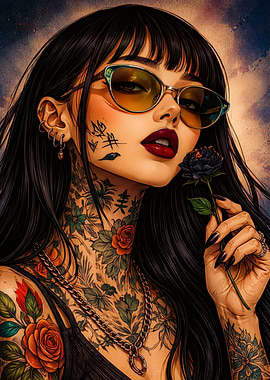 Tattooed Woman with Sunglasses and Rose