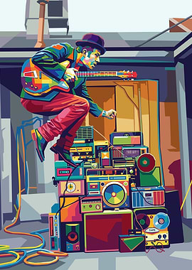 Man playing guitar on boomboxes