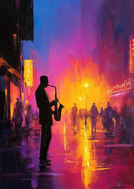 Saxophonist in a Neon City
