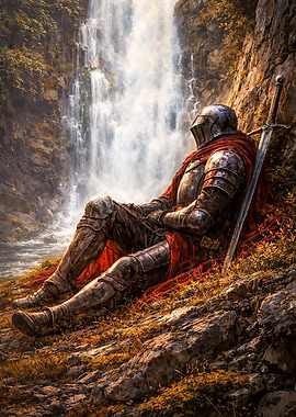 Knight Resting by Waterfall