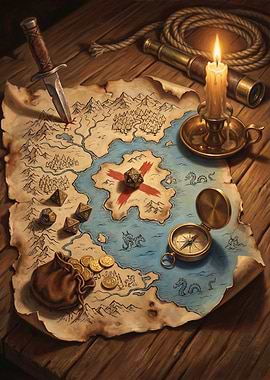 Treasure Map with D&D Dice and Compass