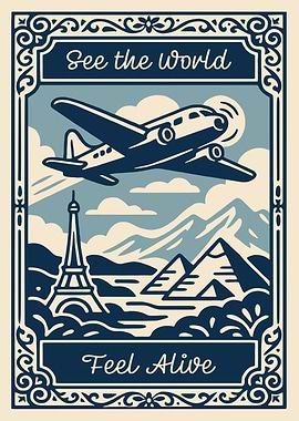 Vintage Travel Poster with Airplane and Landmarks