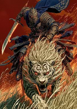 Warrior Riding a Fiery Tiger