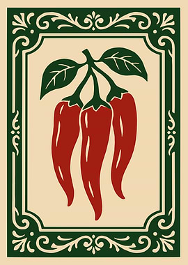 Three Red Chili Peppers with Green Leaves