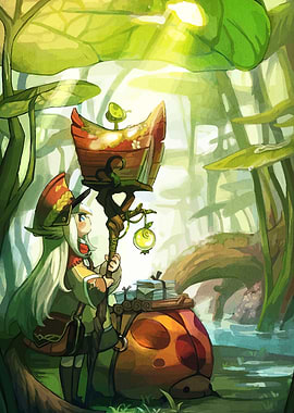 Anime girl with staff in a forest