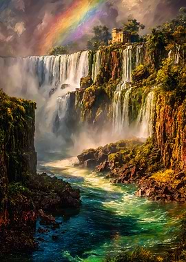 Majestic Waterfall With Rainbow Painting