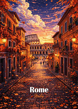 Rome Street with Colosseum at Sunset