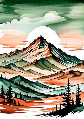 Watercolor Mountain Landscape with green sky